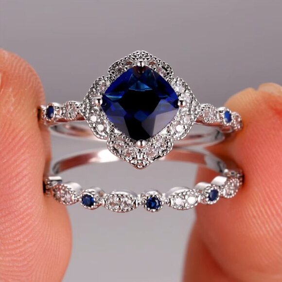 14k White Gold Blue Sapphire Diamond Ring Cushion Cut - Picture 4 of 4